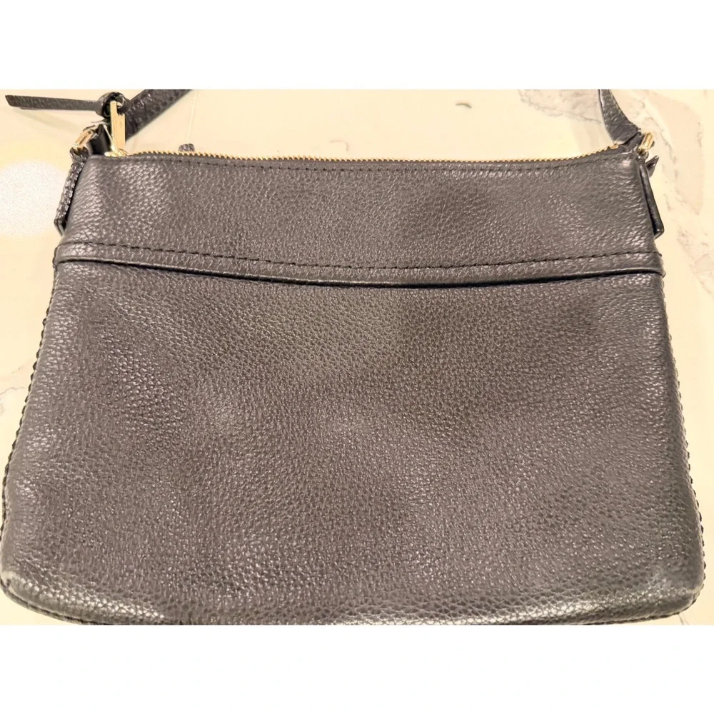 Kate Spade Black Pebbled‎ Leather Crossbody Zip Top Striped Lining